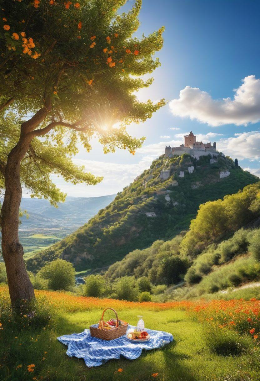 A picturesque view of Montecastelo with vibrant sunlit hills and lush greenery, showcasing a joyful individual enjoying a picnic surrounded by colorful flowers. The scene captures the essence of relaxation and contentment, with warm sunlight casting a golden hue over everything—evoking a sense of serenity and happiness. Emphasize the bright blue sky dotted with fluffy white clouds. super-realistic. vibrant colors.