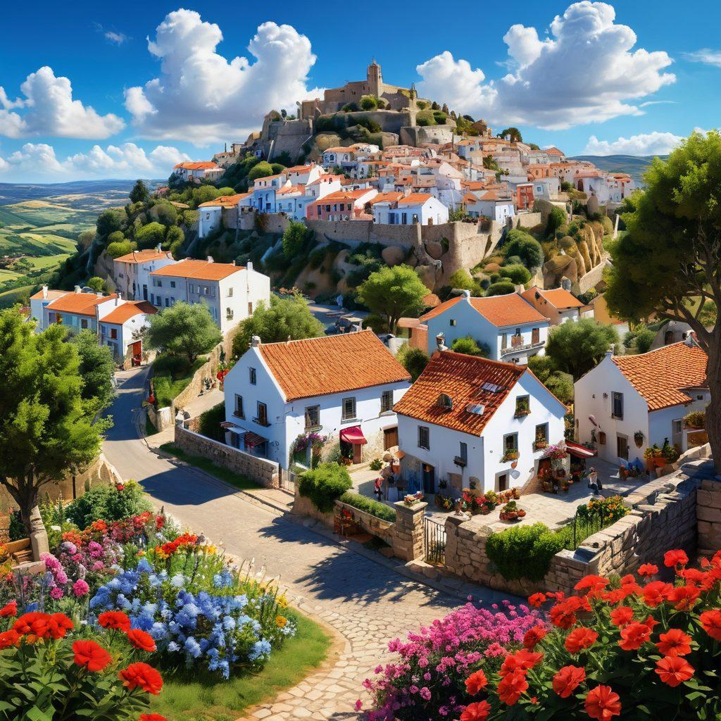 A picturesque landscape of Montecastelo, featuring vibrant greenery, colorful flowers, and cheerful community members engaging in joyful activities like gardening, painting, and playing music together. Include a sunny sky with fluffy clouds overhead, and a quaint village in the background, embodying a sense of blissful community life. super-realistic. vibrant colors. 3D.