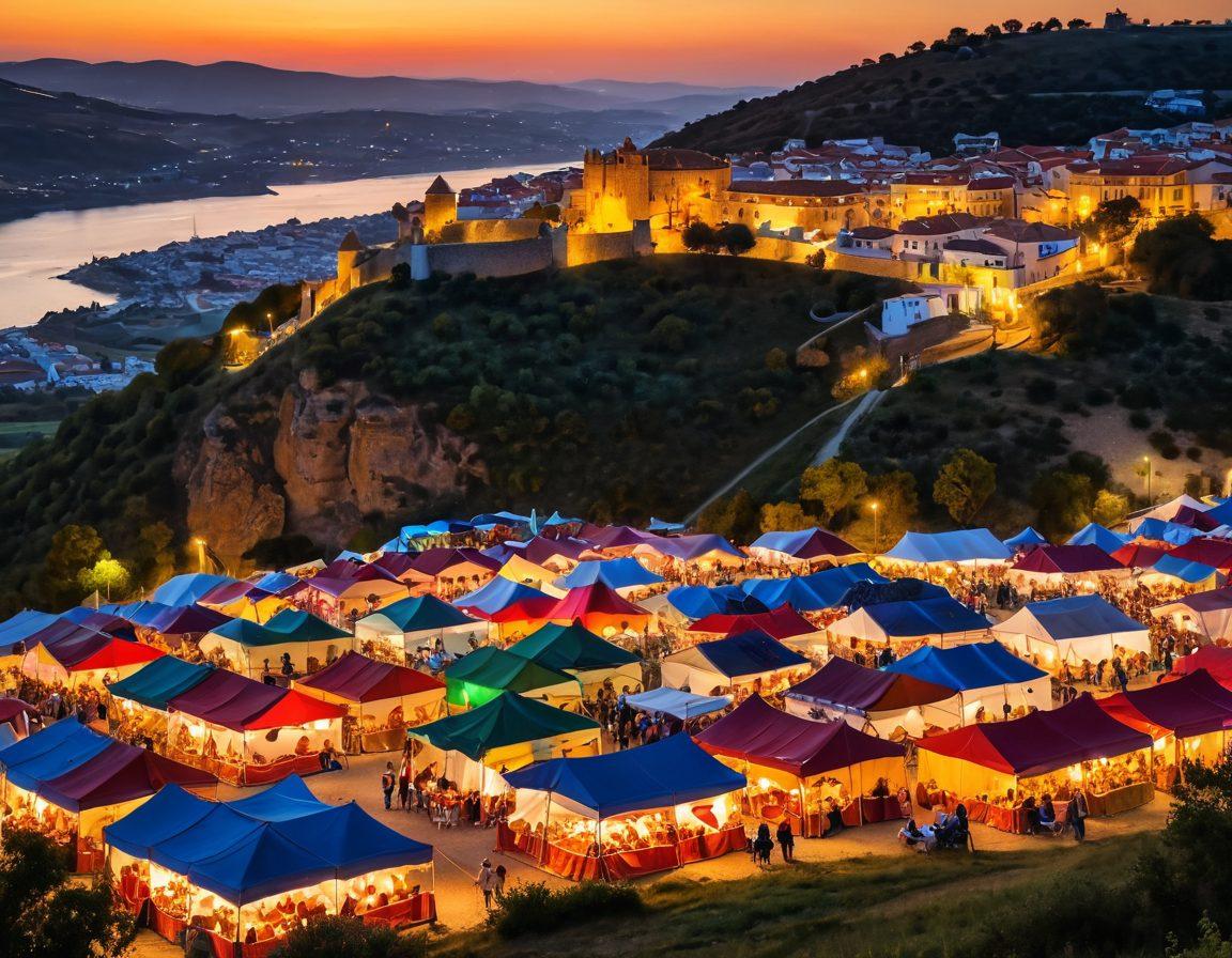 A picturesque view of Montecastelo, showcasing vibrant landscapes with rolling hills, a joyful outdoor festival filled with colorful tents and people celebrating, and breathtaking sunsets over the horizon. The scene should include local attractions like historic architecture, lush greenery, and joyful families enjoying the festivities. super-realistic. vibrant colors. warm lighting.